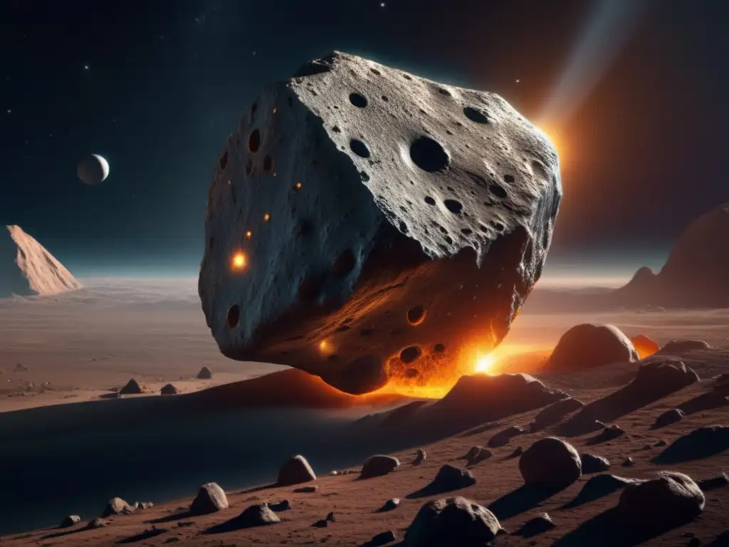 A massive asteroid looms in the distance, its rugged surface textured with craters and ridges