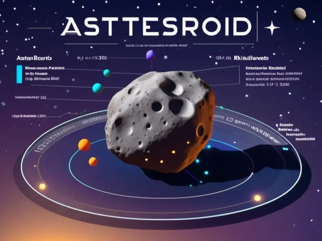 A 3D model of an asteroid with measurements displayed in a graph, set against a backdrop of stars and galaxies in a photorealistic style