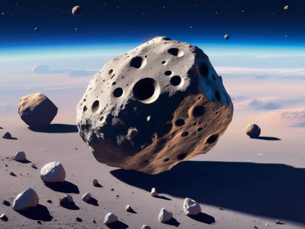 Protesilaus, an asteroid with intricate craters and detailed surface features, orbits amidst a vast sea of space debris on this clean blue sky day