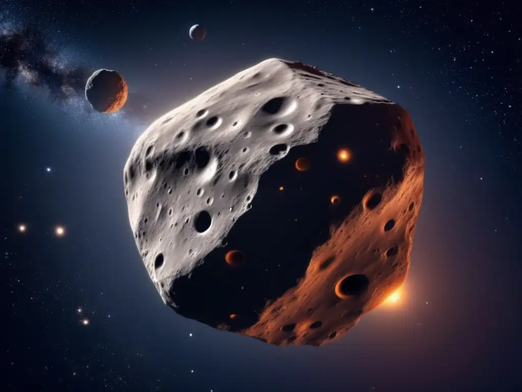 Photorealistic image of Asteroid Psyche in space with Clearly visible surface texture and rough metallic surface