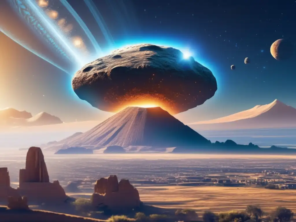 A breathtaking image of a Pueblo village hanging in midair, with the majestic asteroid blocking its path