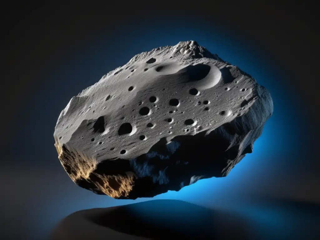 Photorealistic image of Pylaemenes asteroid, floating against black backdrop, showcasing its uniquely curved shape, jagged edges, and textured surface
