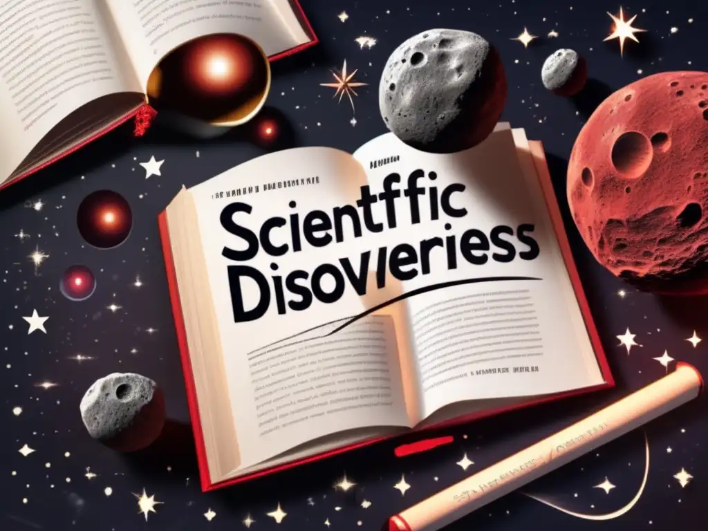 A photorealistic image of an asteroid swirling around a dim red star with 'Scientific Investigations and Discoveries' in elegant white font lettering