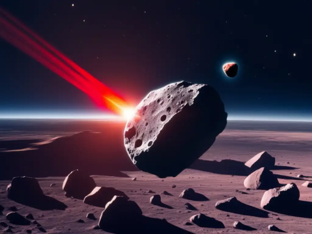 Photograph of an asteroid, with a red ray illuminating the piece to show how it reflects light