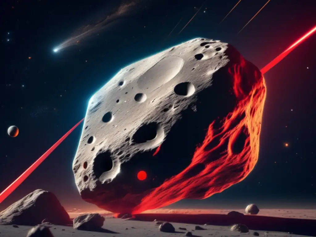 A captivating photorealistic image of an asteroid floating through space, with a red tape wrapped around it, symbolizing its importance and rarity