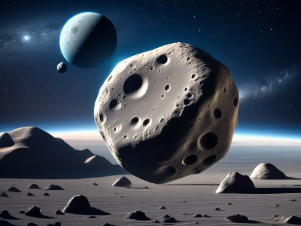 A colossal, intricately detailed asteroid stands out in a vast blue-gray cosmic landscape, with distant stars and galaxies visible in the background