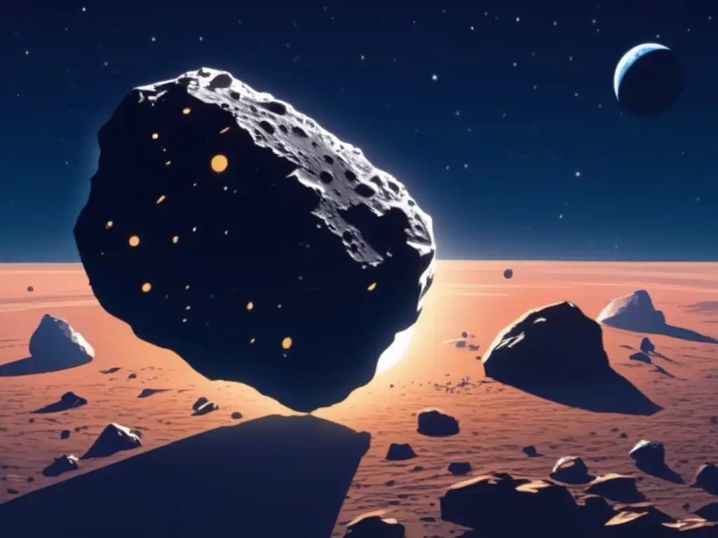 A photorealistic illustration of an asteroid casting a dim shadow on Earth, with a sense of vastness and potential danger conveyed through the rough and jagged surface, visible craters, and rocks scattered across it
