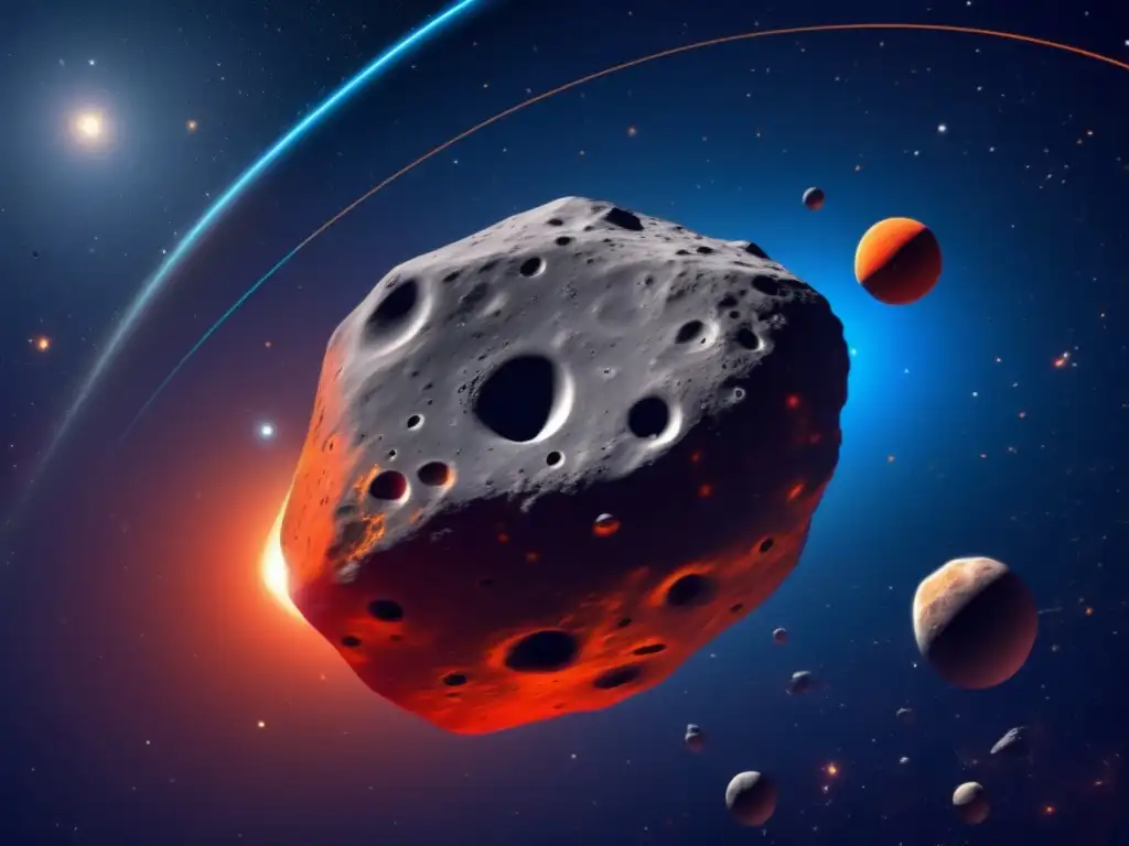 The image captures an dreamlike depiction of a deep space asteroid rotation simulation, with a bold redorange surface glowing faintly with a multitude of craters and rilles scattered across it