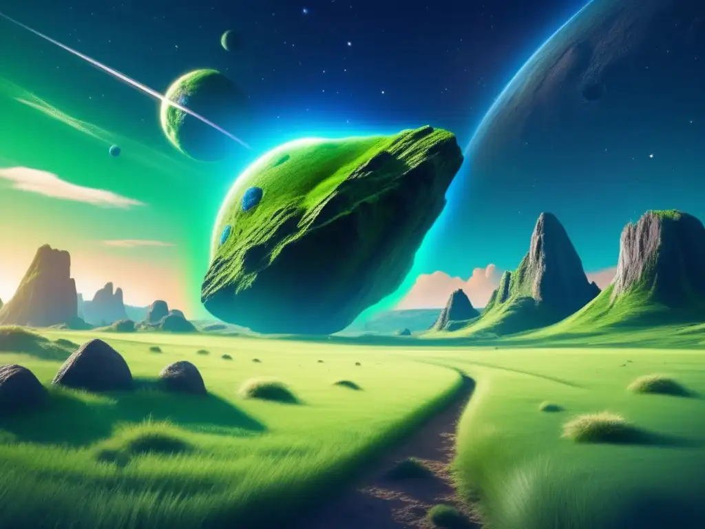 A stunning image of an asteroid rock passing over a green planet, showcasing its unique jagged terrain and multiple craters