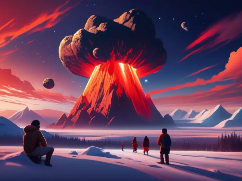 A startling Siberian skyscape depicts a redorange asteroid streaking past, shadowing a group of awe-struck indigenous people