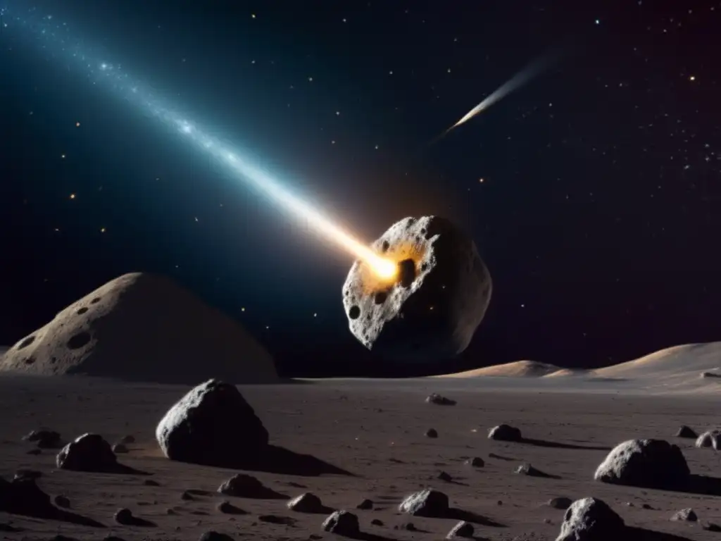 A close-up of an iridescent asteroid, looming large against a backdrop of black space