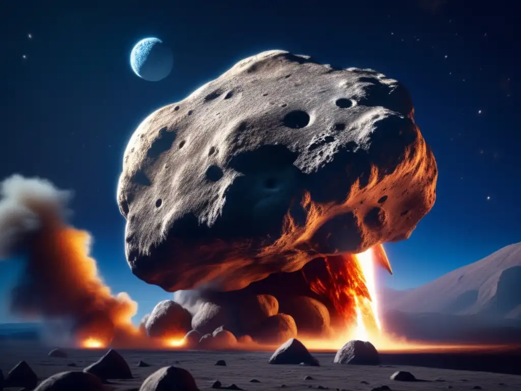 A closeup of a 10km asteroid floating eerily through the deep blue sky, billowing smoke from its vents, illuminating a dark, textured background