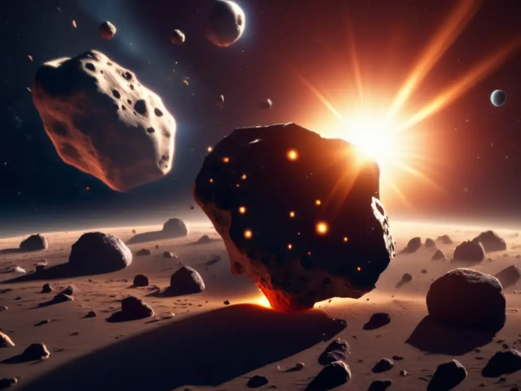 A mesmerizing photorealistic image of an asteroid with a fiery sun in the background, casting a warm glow on the asteroid