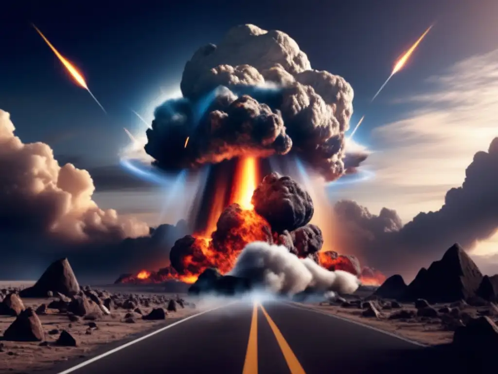 Destructive asteroid strike on Earth's atmosphere in photorealistic imagery, with bright, jagged tail trailing smoke and debris, causing shockwave