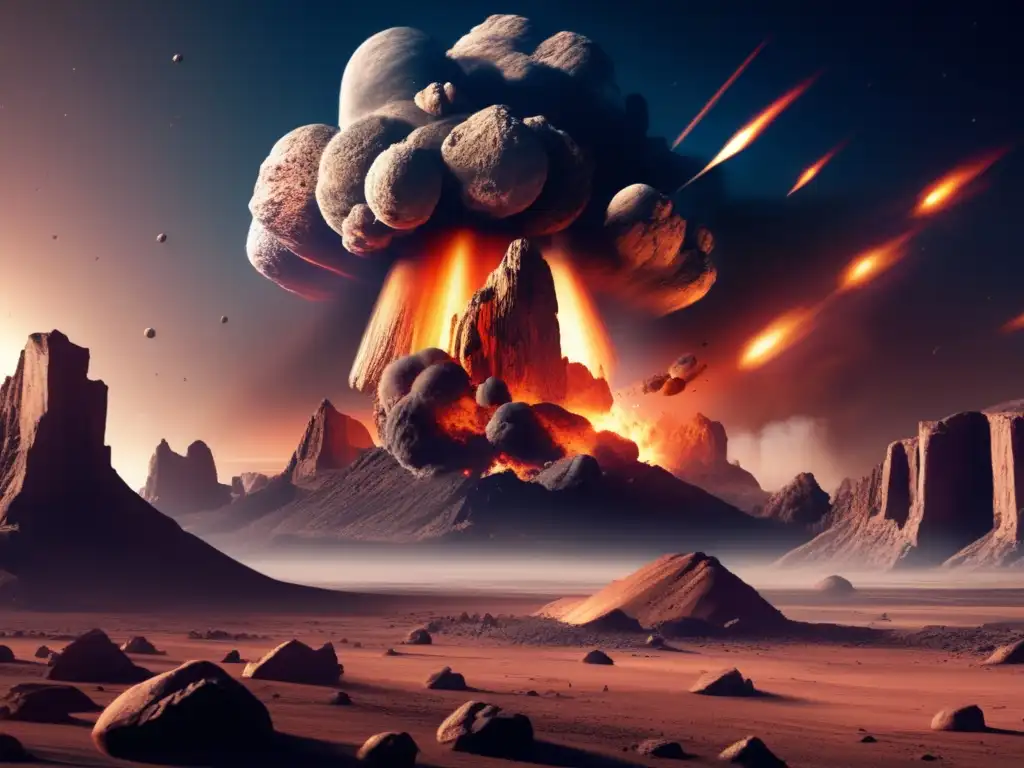 A photorealistic depiction of an asteroid strike, causing havoc on a vibrant planetary surface