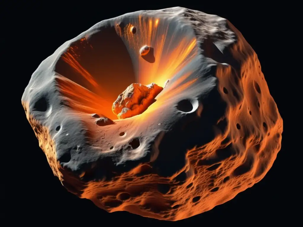 A breathtaking image of an asteroid in space, radiating orange light and showcasing the intricate details on its surface