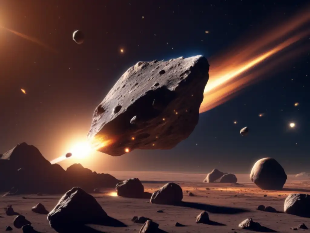 A photorealistic image of an asteroid in space with a trail of debris in the background-