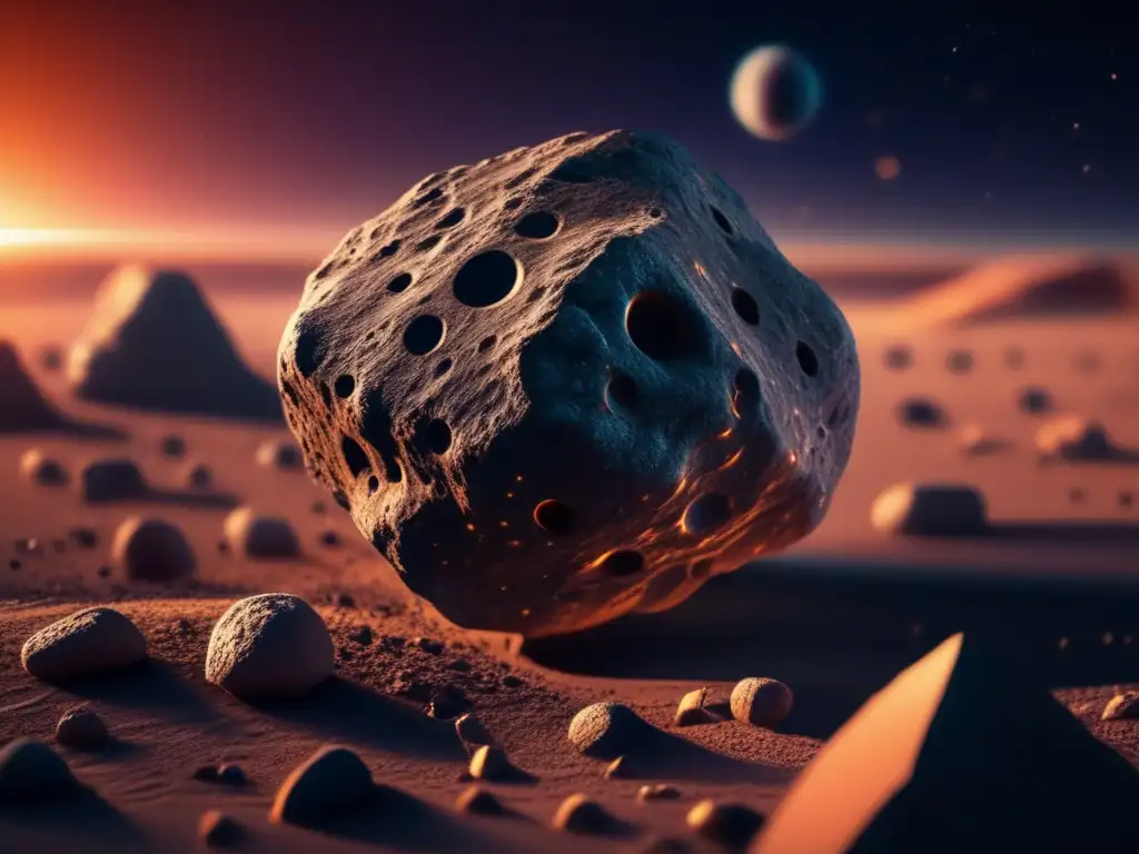 A mesmerizing asteroid captivates the sunset sky with its intricate, photorealistic surface details -