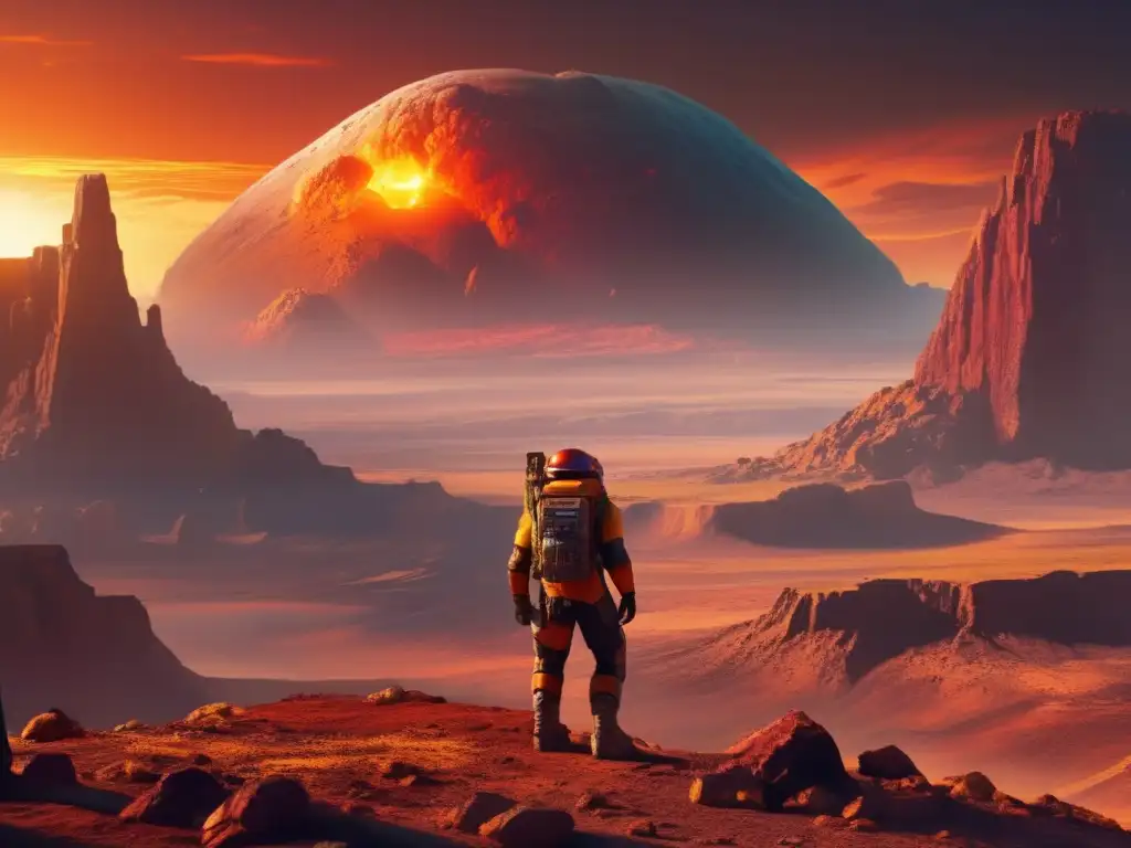 A haunting image of an asteroid looms over a postapocalyptic Earth, its barren landscape cast in a golden glow as the sun sets in the background