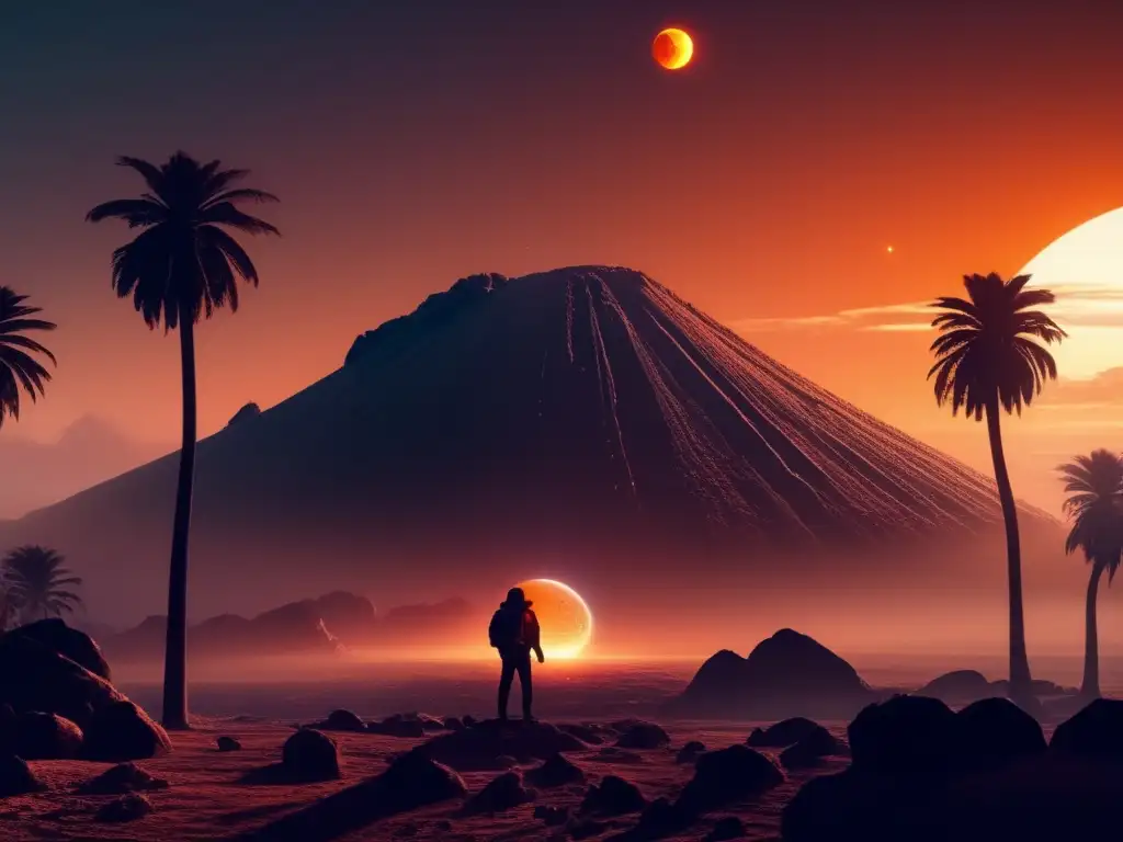 Orb plummets through azure sky, scorched surface bearing witness to the slow descent, palpable aura of foreboding never lifts, as a distant sun casts warm glow, while palm trees sway ominously, and the horizon remains a tantalizing mystery