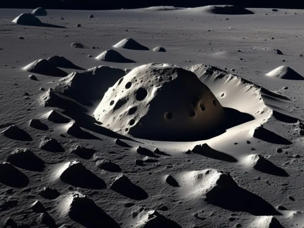 An up-close view of an asteroid's surface, with intricate details like craters, rocks, and ridges