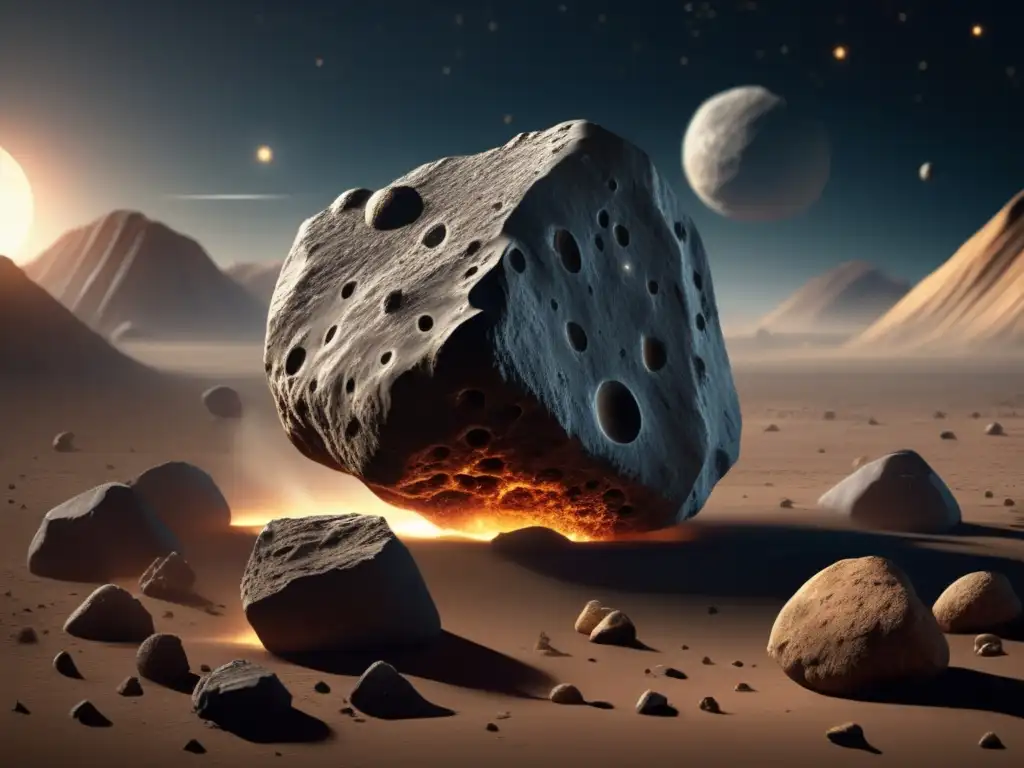 A stunningly detailed 4K image of an asteroid in its natural habitat, showcasing the intricate landscape of craters, rifts, and boulders, as well as signs of geological activity like dust storms and vents
