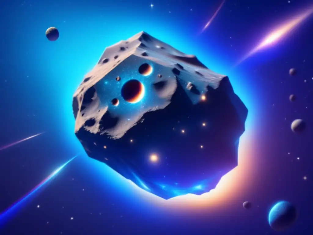 A mesmerizing photorealistic image featuring a surreal, metallic blue asteroid drifting through space