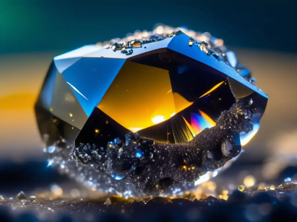 A striking image of a tektite, intricately designed with individual facets reflecting iridescent light, floating amidst a field of impacted glass fragments