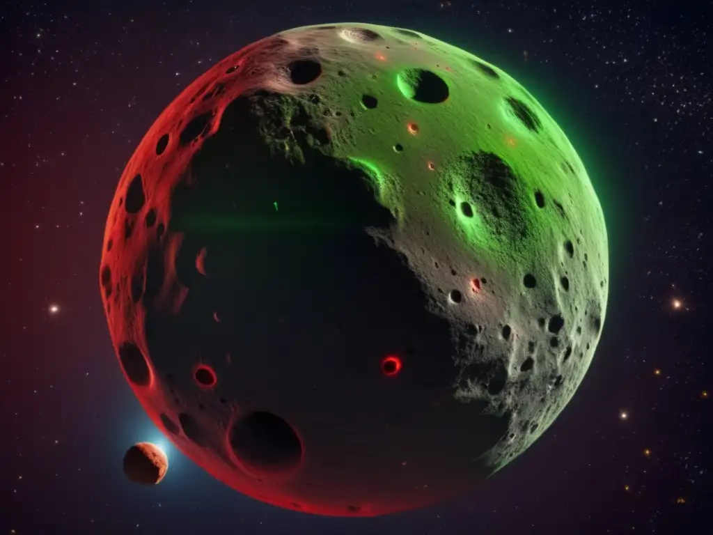 A mesmerizing photorealistic image of a spherical asteroid, with intricate surface texture, craters, and ejecta in brilliant red and green hues