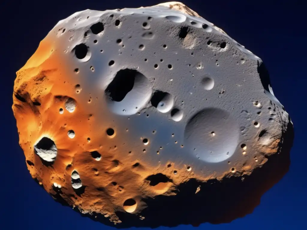 Vivid imagery of an orange and white asteroid, revealing its jagged edges, pits, and uneven terrain