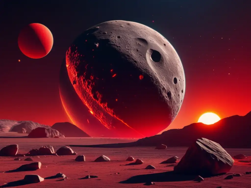 A photorealistic masterpiece of an asteroid, Thetis, in front of a blood-red sun, brimming with craters, boulders, and debris, set against a serene yet majestic backdrop of the cosmos