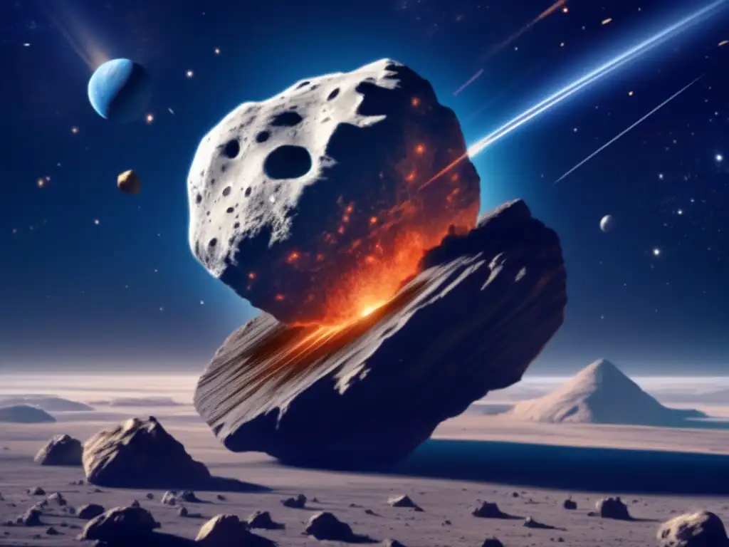 Detailed asteroid in space orbits planet/constellation, holding a trail of debris in its wake