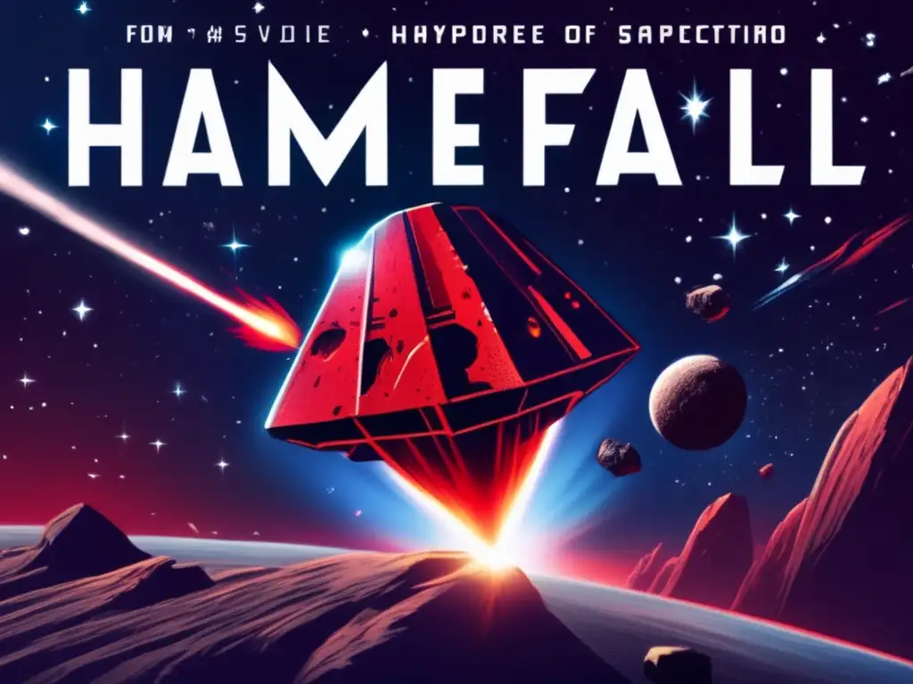 A photorealistic match for 'Hammerfall', depicts a fiery asteroid as its path crosses a small spacecraft, titled 'Hammerfall'