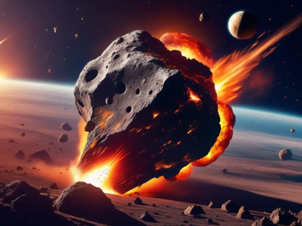A large, fiery asteroid headed straight for Earth, surrounded by intricate space debris, is poised to cause massive destruction with its impact