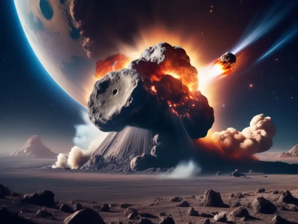 A massive asteroid, hurtling towards Earth, looms in the distance, surrounded by a swirling cloud of debris and smoke