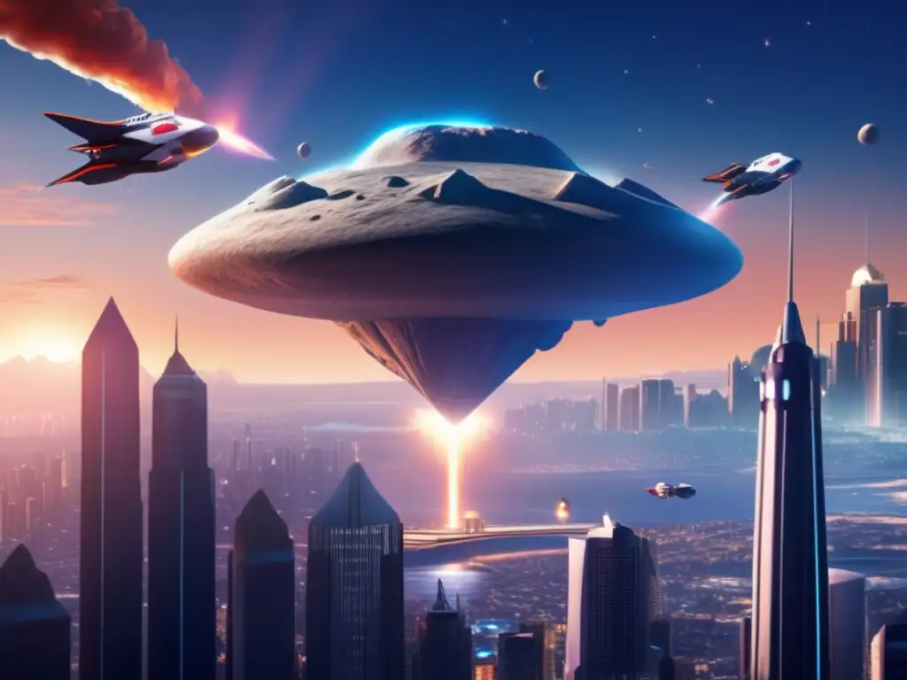 A photorealistic image of a gigantic asteroid hovering above a futuristic cityscape, adorned with flying vehicles and towering skyscrapers