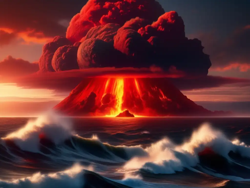 An epic red asteroid strikes a tranquil ocean, unleashing a tidal wave of destruction