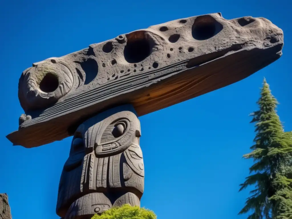 An intricate Pacific Northwest Native totem pole, surrounded by lush greenery and reaching towards the sky, stands tall in front of a clear blue sky