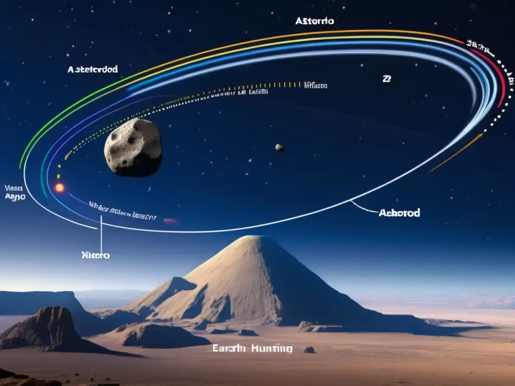 A stunning 8k ultradetailed image of a massive asteroid on an accurate trajectory line