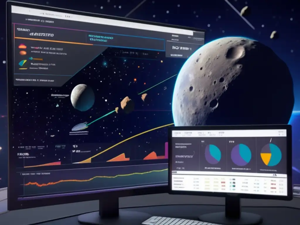 Photorealistic image of asteroid field with jagged asteroid surfaces tracked by sleek, futuristic asteroid tracking software