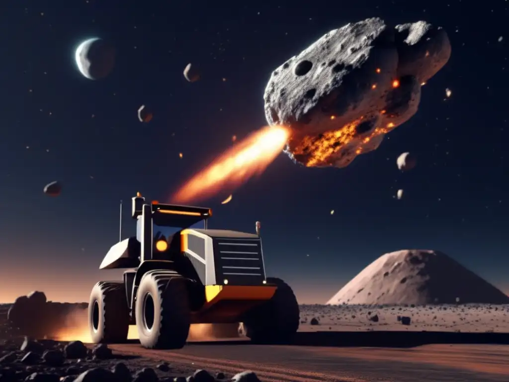 A stunning photorealistic image showcases an asteroid being pulled off course by a gravity tractor attached to its surface