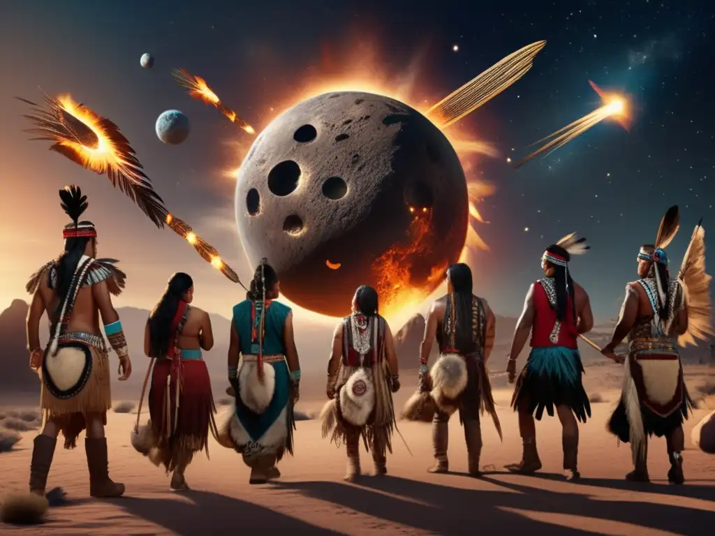 The Native American tribes in traditional dress hold an asteroid in their hands, their expression serious as rocket symbols and texts rush past them, quickly ascending into the heavens