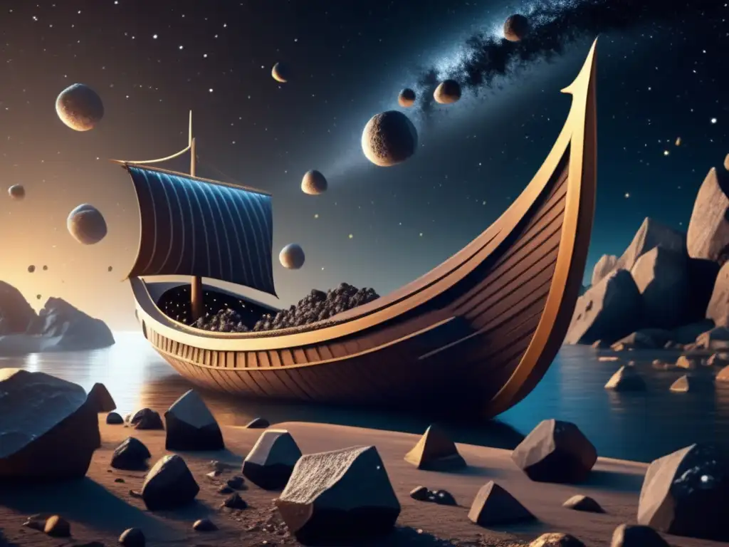 A photorealistic Viking ship sails past a dark, swirling asteroid field in space, highlighting the cultural significance of asteroids to the Norse Edda people