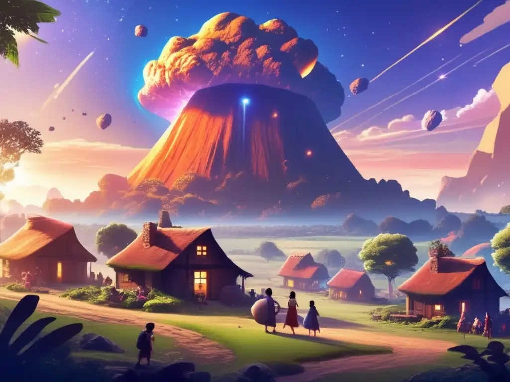 A cosmic chaos unfolds as an asteroid looms over a small village on a lush planet