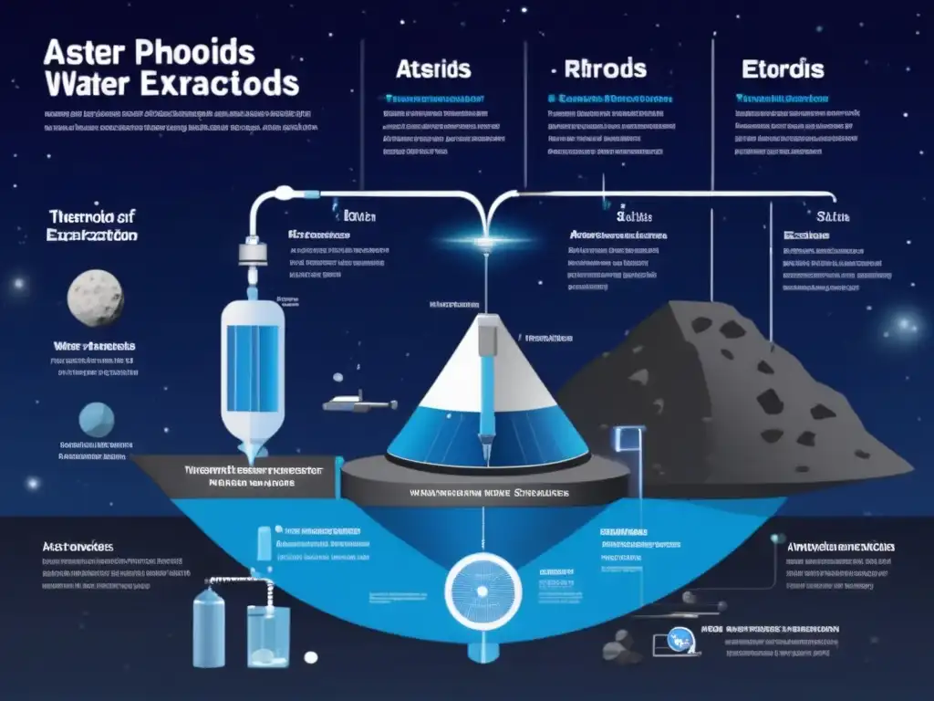 A complex diagram of innovative water extraction methods from asteroids, including mechanical and thermoelectric extractors, showcases cutting-edge space agency and private company technology