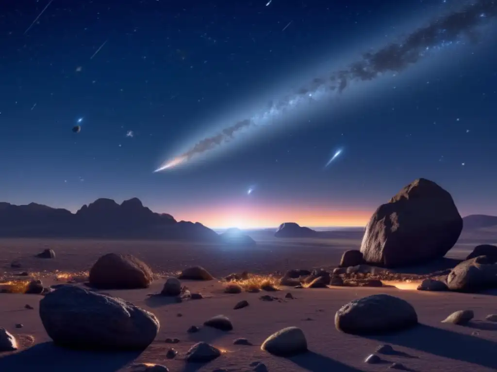 Dash - A stunning 8k resolution photorealistic image of a clear night sky, with prominent asteroids and a mesmerizing glowing zodiacal light band in the distance