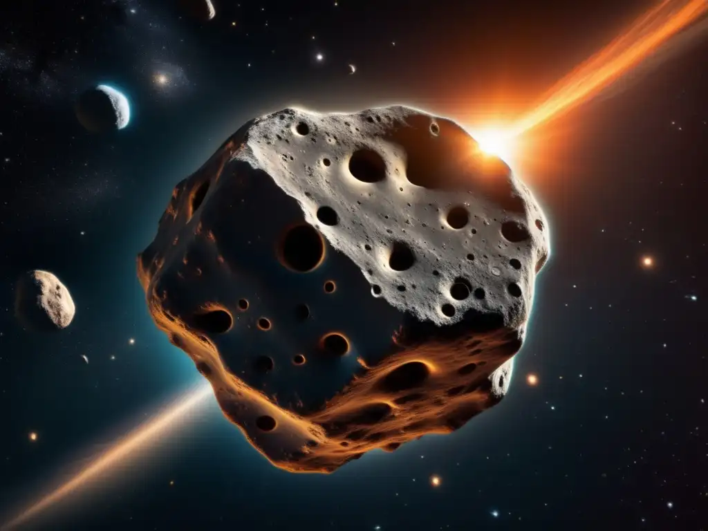 A stunning photograph of a large asteroid flying through space, with intricate details of its surface visible up close