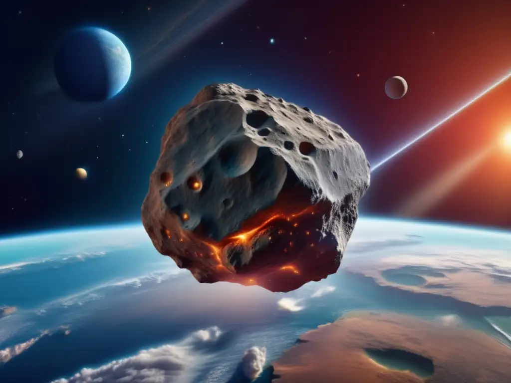 A highly detailed photorealistic image of a massive asteroid, reminiscent of Asteroid 1566 Icarus, orbiting Earth