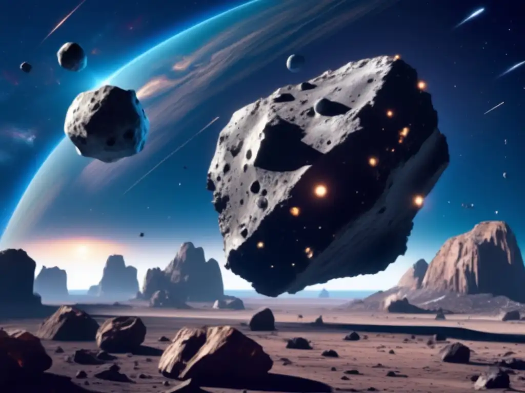 The photorealistic image depicts an asteroid with a large natural satellite in orbit, composed of jagged rocks and debris
