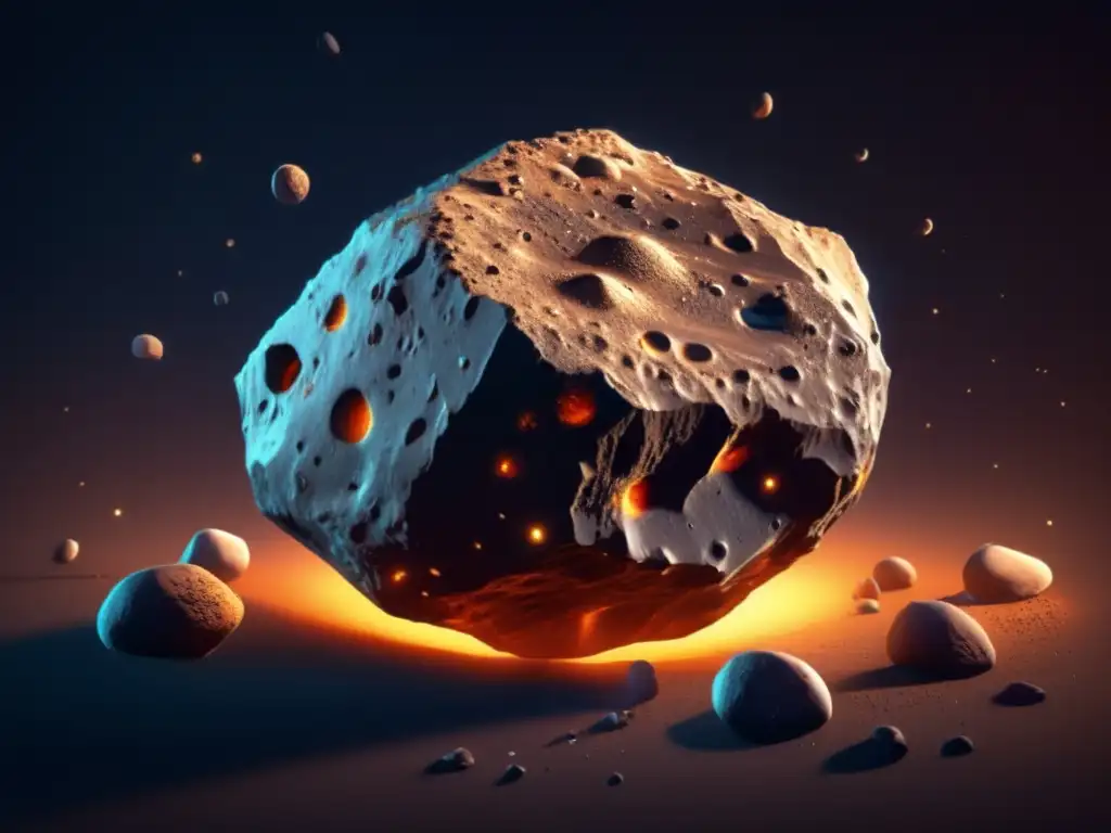 A photorealistically rendered 3D model captures the essence of this asteroid in space, its jagged shape and uneven surface highlighted amidst the darkness